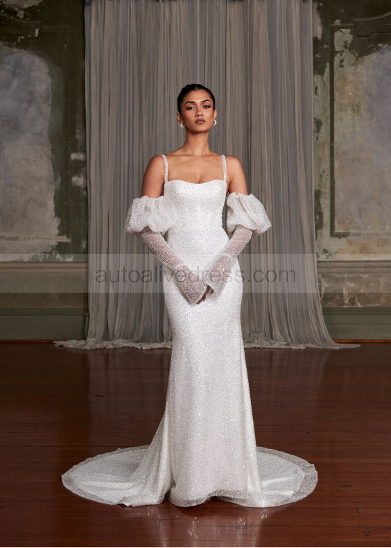 Ivory Shimmering Lace Wedding Dress With Detachable Sleeves Ivory Shimmering Lace Wedding Dress With Detachable Sleeves